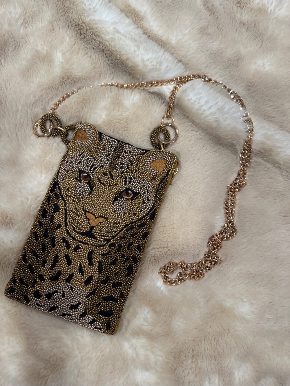 Mary Frances Gold and Black Leopard Beaded Crossbody Purse